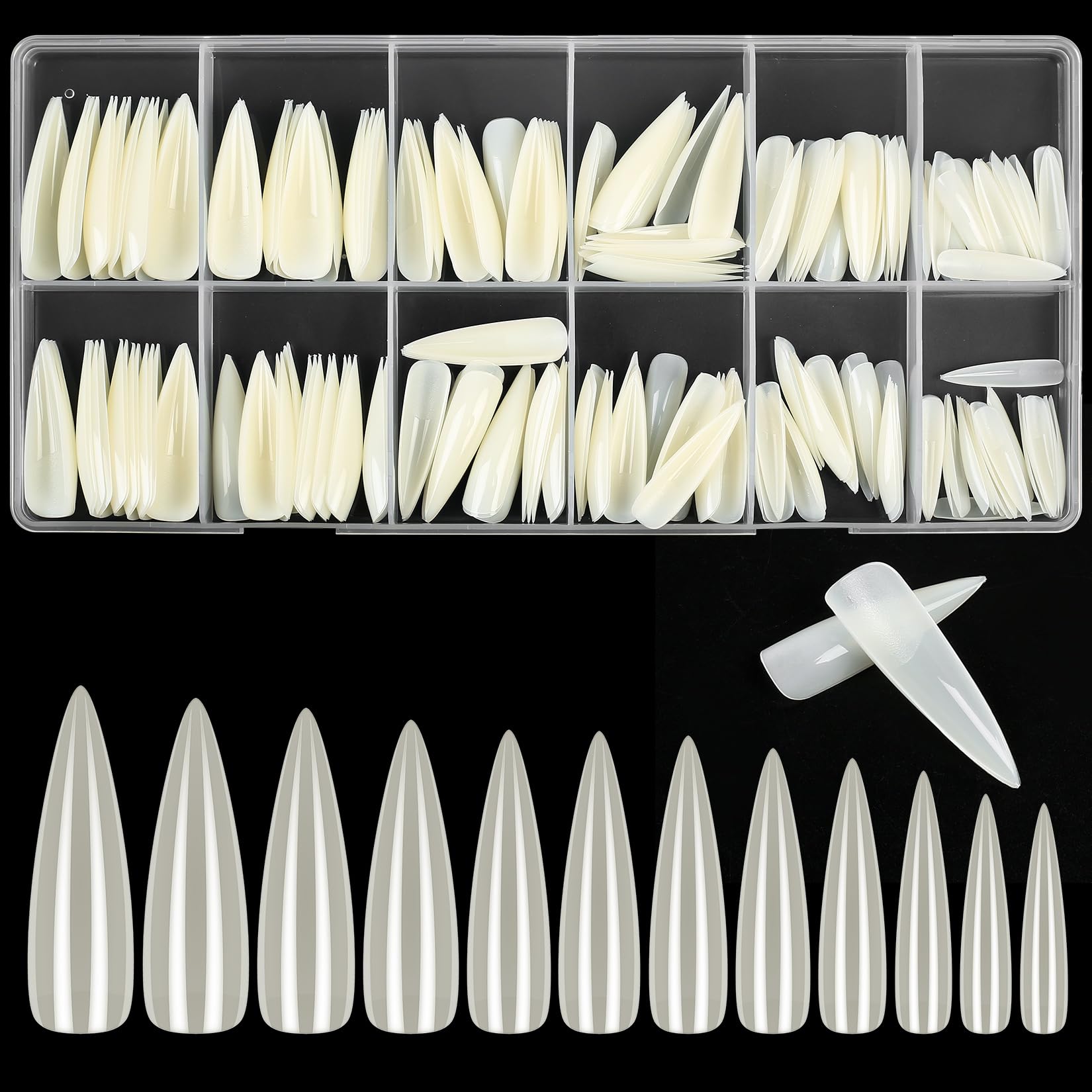 KOXXIAMOQ 240 Pcs Natural Stiletto Fake Nail Tips, No C Curve Soft Gel Full Cover Nail Tips for Extensions, Press on Nails, Long Acrylic False French Nails Traceless (natural)