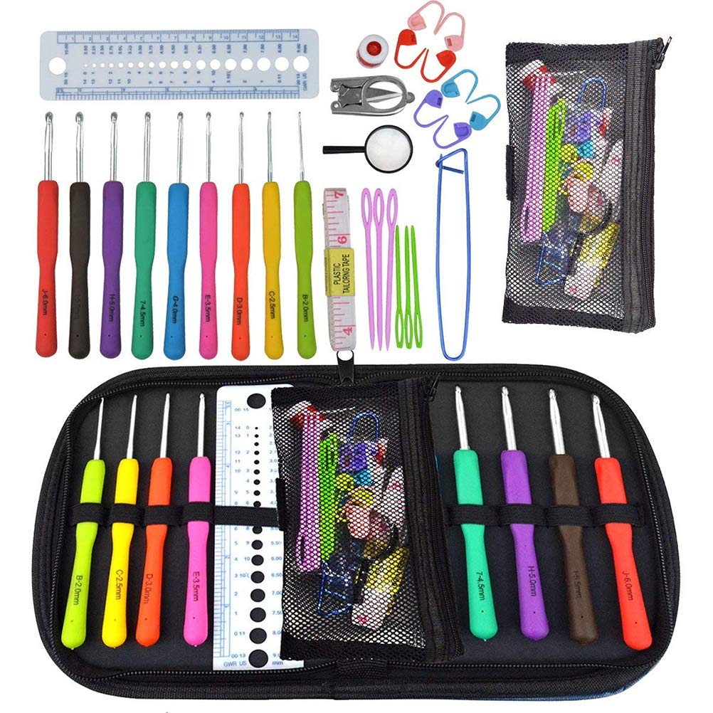 Jerbro Crochet Hooks Set, Knitting Sets with Comfort Handles Suitcase with 9 Needles & 22 Knitting Accessories