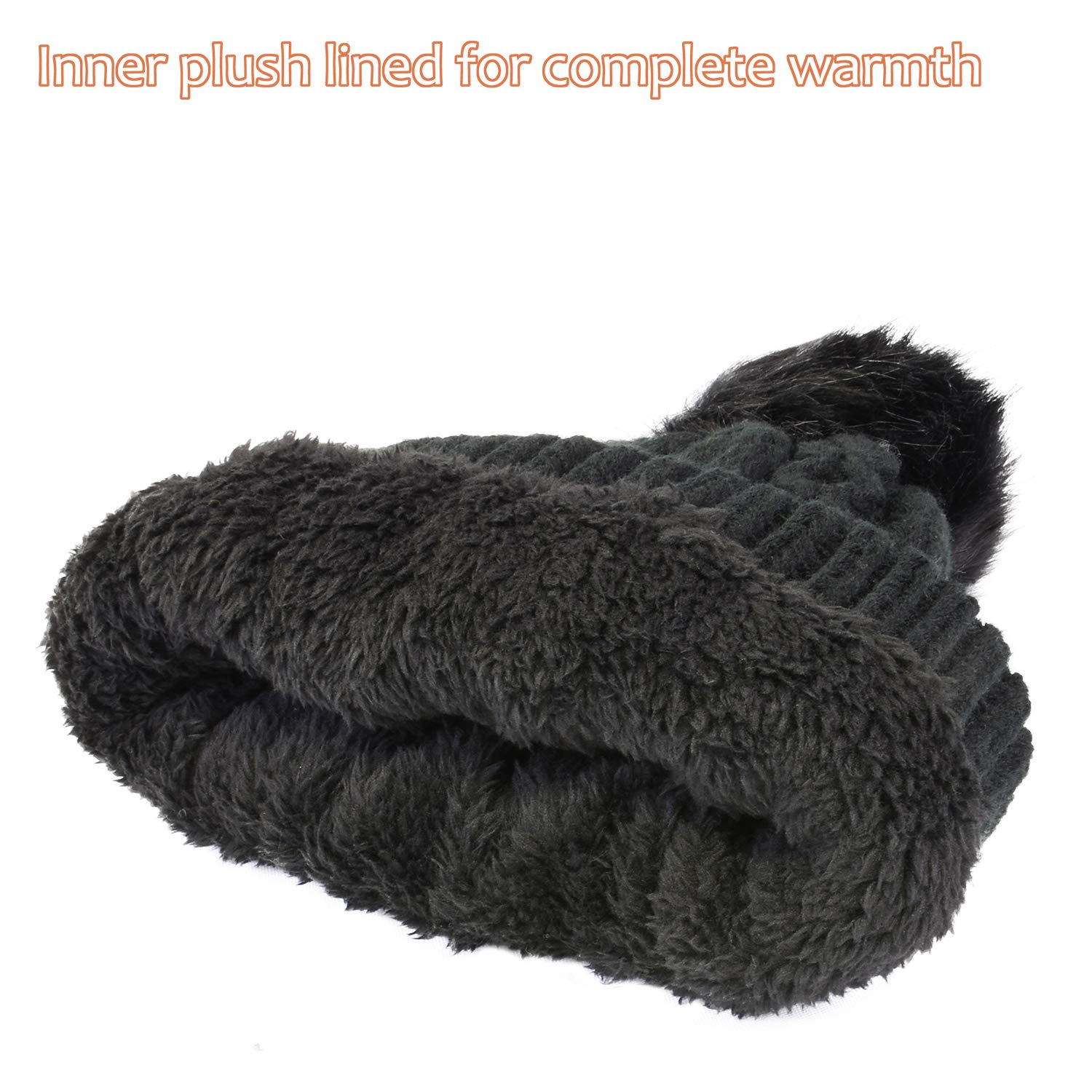 Winter Thick Cable Knit Faux Fuzzy Fur Pom Pom Fleece Lined Skull Ski Cap Cuff Beanie