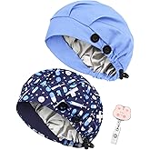 2 Pack Satin Lined Bouffant Scrub Caps with Buttons, Adjustable Scrub Caps for Women Men