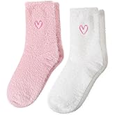 Apojgitn 2 Pairs Super Soft Fuzzy Socks for Women, Winter Embroidered Heart Sleeping Socks Comfy Thermal Cozy Plush Home Cabin Sock Valentine's Day gifts (Pink, White)