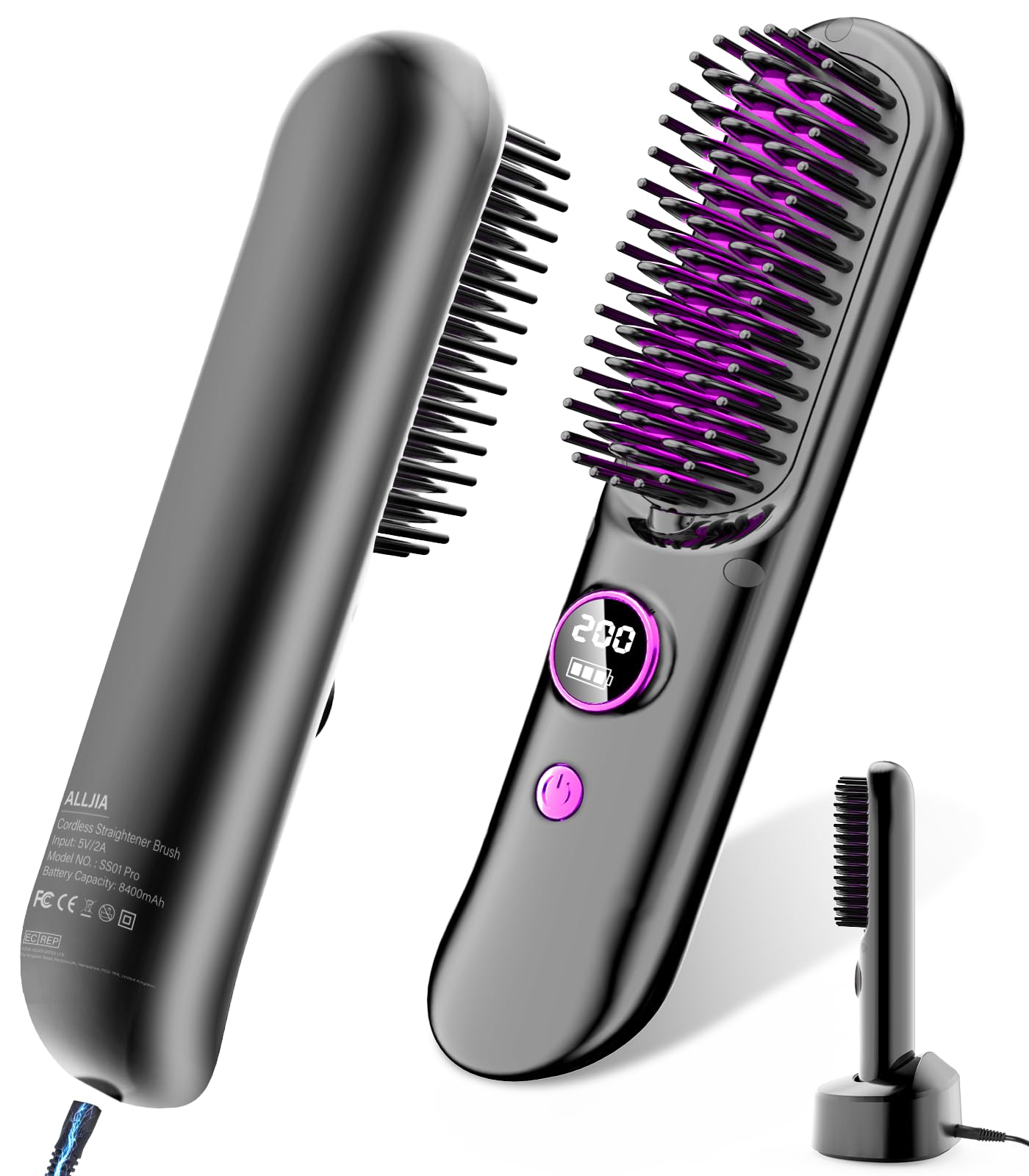 Cordless Straightener Brush ON-THE-GO, 8400mAh Hot Hair Straightening Rechargeable Portable Smoothing Heated Hot Hair Styling Comb with Exclusive Charging Dock, Negative Ions Anti Frizz