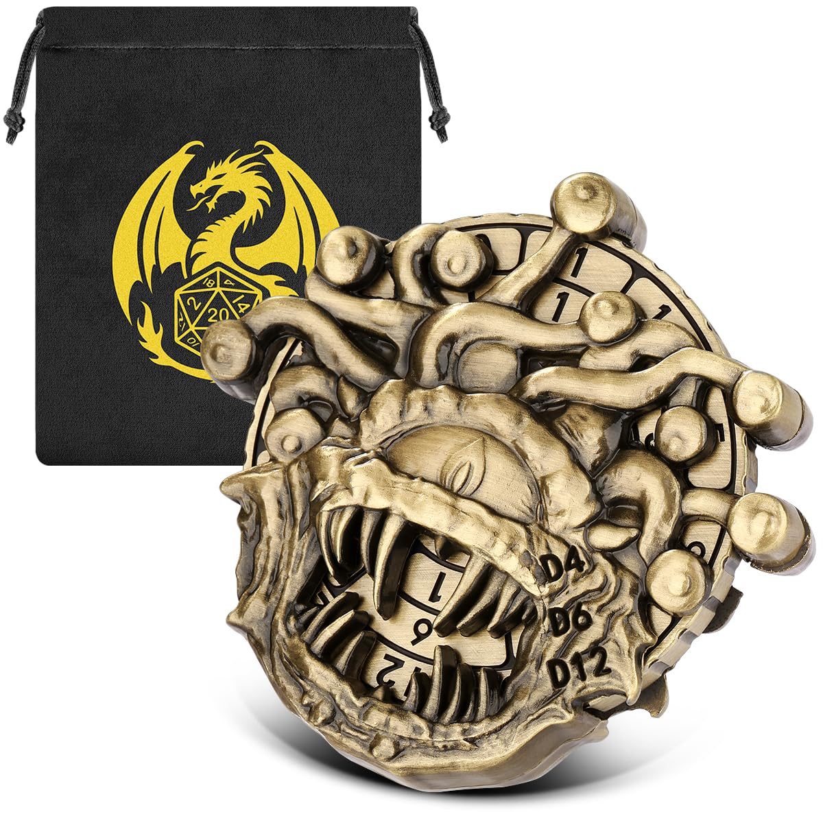 7-in-1 Beholder Fingertip Gyro, DND Wheel Dice Spiner, DND Starter Set, 7-in-1 Metal Dice Set, D&D Gifts with Dragon Logo Gift Bag, Tabletop Games, Role Playing Board Game Accessories, Bronze
