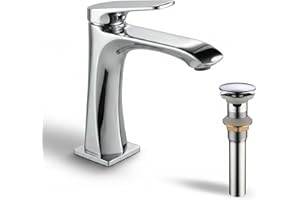 Acebond Chrome Single Hole Bathroom Vanity Faucet with Stainless Steel Pop Drain (Pentagon Body, Chrome)
