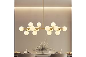 PiWWPi Glass Globe Sputnik Chandelier, 16-Light Mid Century Modern Light Fixture Over Table, Linear Chandeliers for Dining Room, Kitchen Island, Brass Gold and Milk White Bubble, 40 Inch, GC-02