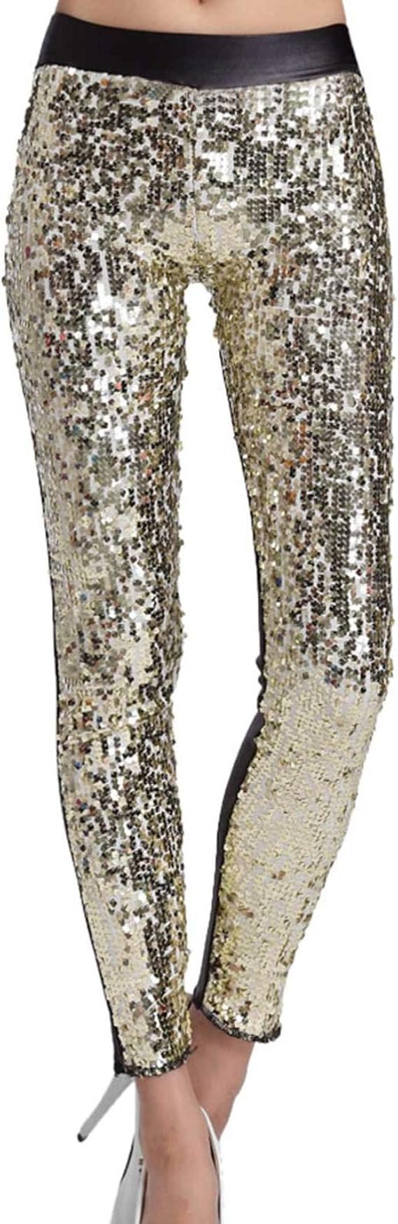 inhzoy Damen Pailletten Leggings Glitzerhose Skinny Stretch Kunstleder ...
