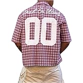 GORGLITTER Men's Plaid Gingham Cropped Shirt Graphic Number Button Down Short Sleeve Boxy Crop Tops Streetwear