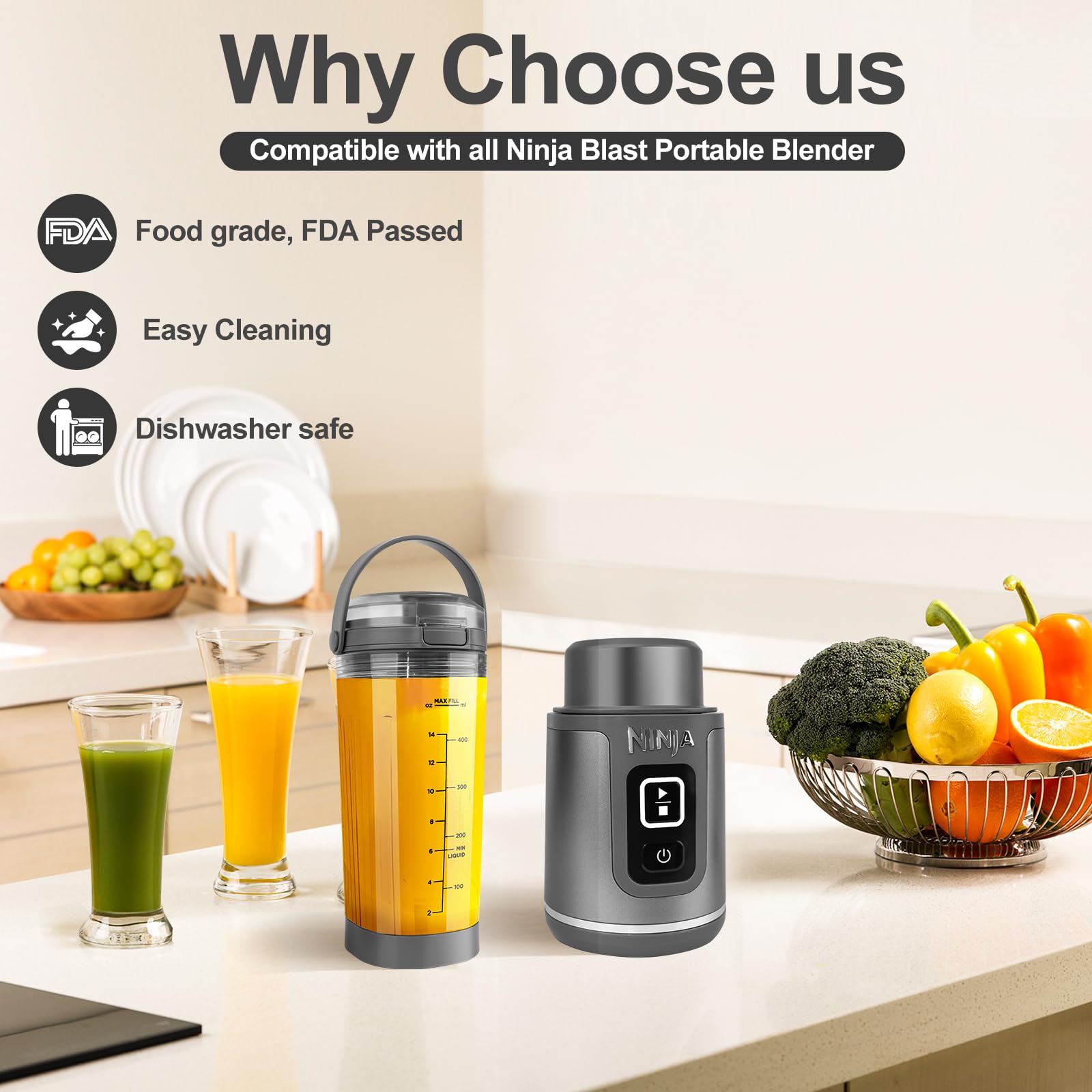 Blade Cover and Vessel Cap for Ninja Blast Portable Blender, Accessories, Replacement Parts, Leakproof, Dishwasher Safe, Food Grade. Grey