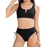 Glaoly Girls Swimsuit 2 Piece V-Neck Cutout Girls' Swimwear Top High Waisted Bottom Bathing Suits for Teens 7-16 Years