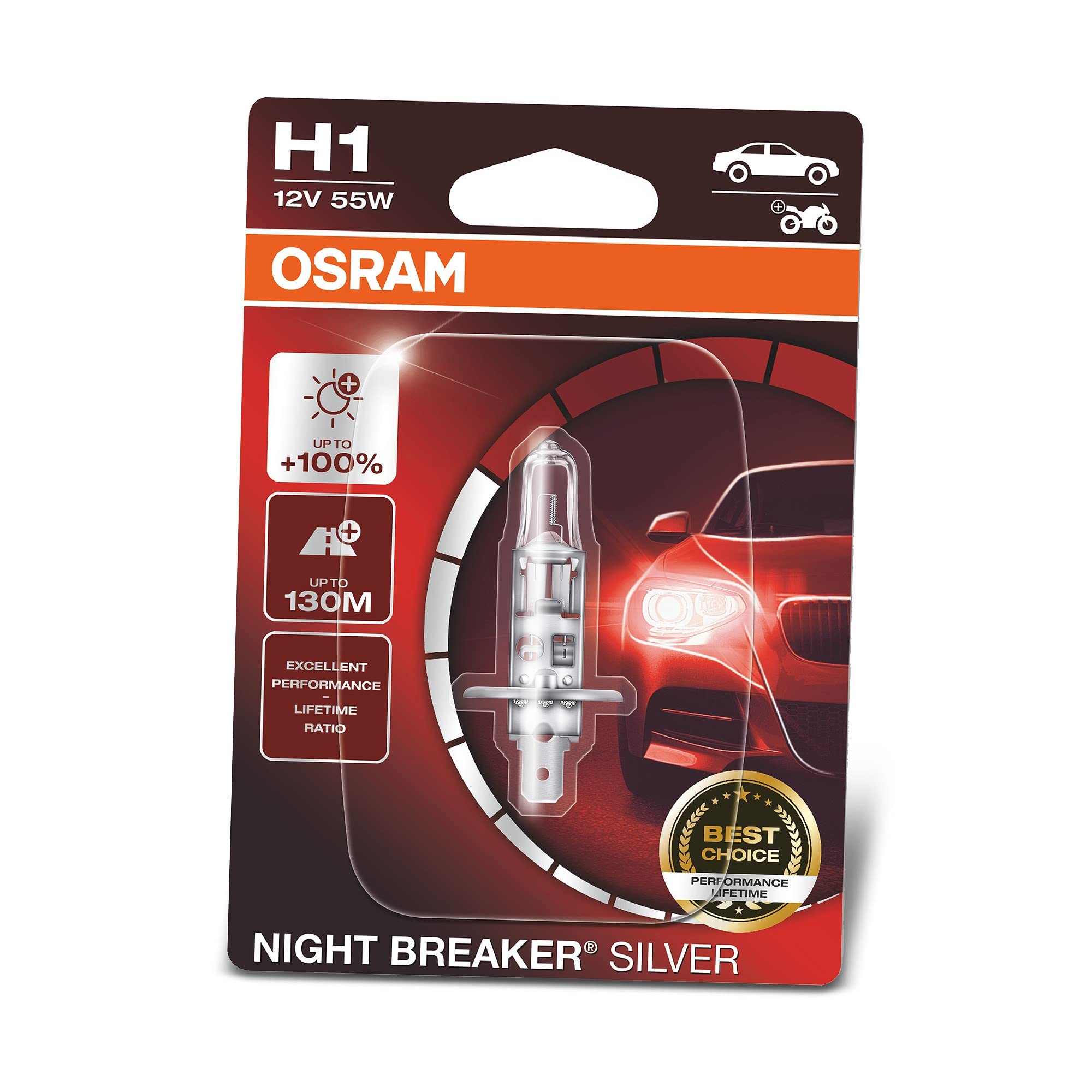 OSRAM NIGHT BREAKER SILVER H1, +100% more brightness, halogen headlamp, 64150NBS-01B, 12V, passenger car, single blister (1 lamp)