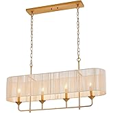 ELYCCUPA 42” Boho Chandelier Brass and White Hand Woven Rattan Pendant Light Linear Large Island Light for Dining Room Kitche