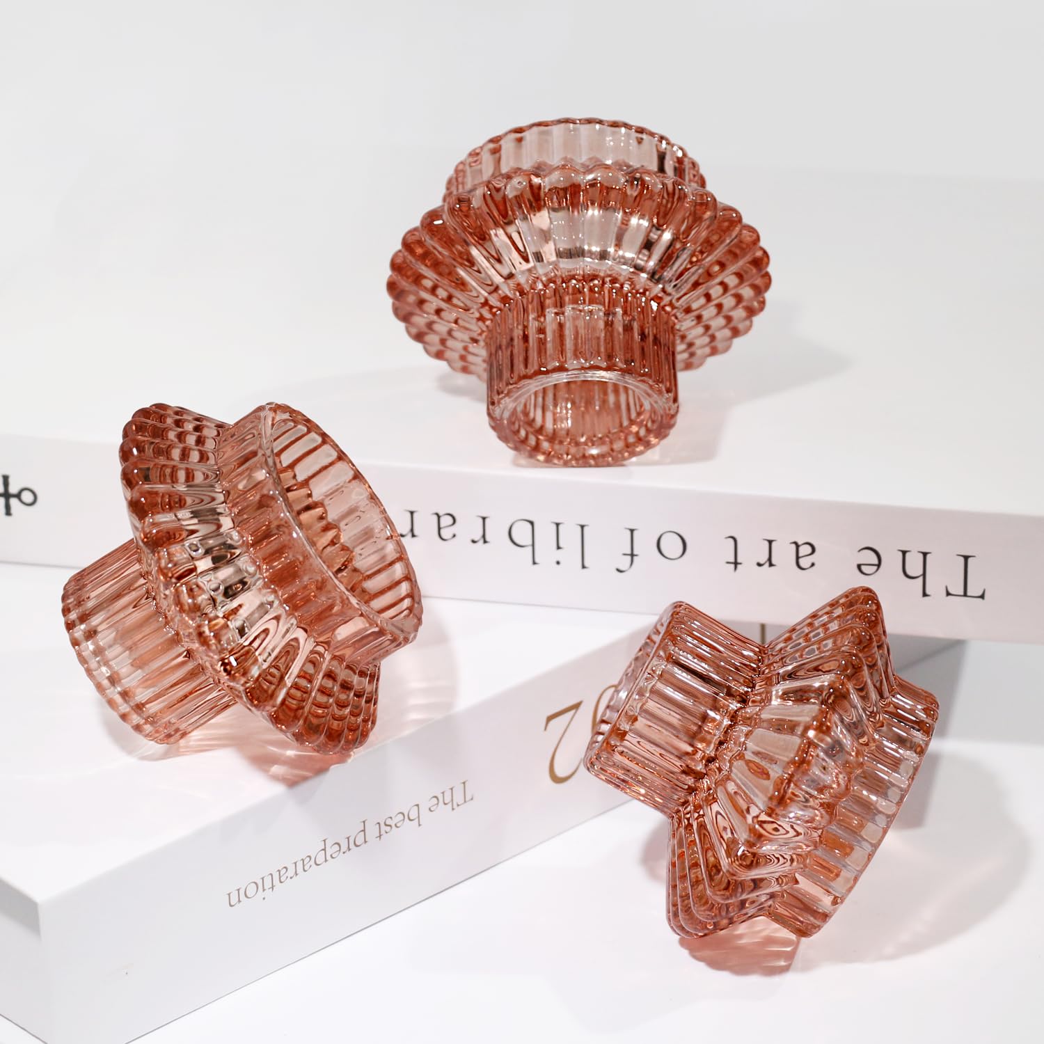 HofferRuffer Candlestick Holders Set of 3,Glass Candle Holders for Taper Candles & Tealight Candles Reddish Brown