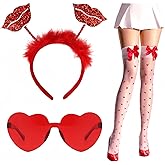 Valentine's Day Sequin Red Lip Boppers Headbands, Heart Shape Sunglasses and Women's Sexy Thigh High Stockings Red Bowknots with Heart Dots for Wedding Birthday Valentine's Day Party Gift 3pcs