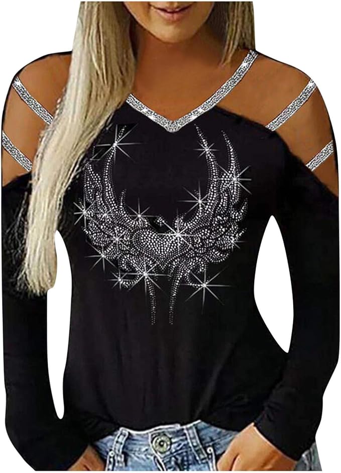 Women Tops TShirt HollowOut Cold Shoulder Long Sleeve Rhinestone