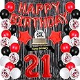 Santonila Red 21st Birthday Decorations Happy Birthday Banner Sash Cheers To 21 Years Cake Topper Number 21 Confetti Latex Balloons Black Tinsel Foil Fringe Curtains for Girls Women 21 Years Old
