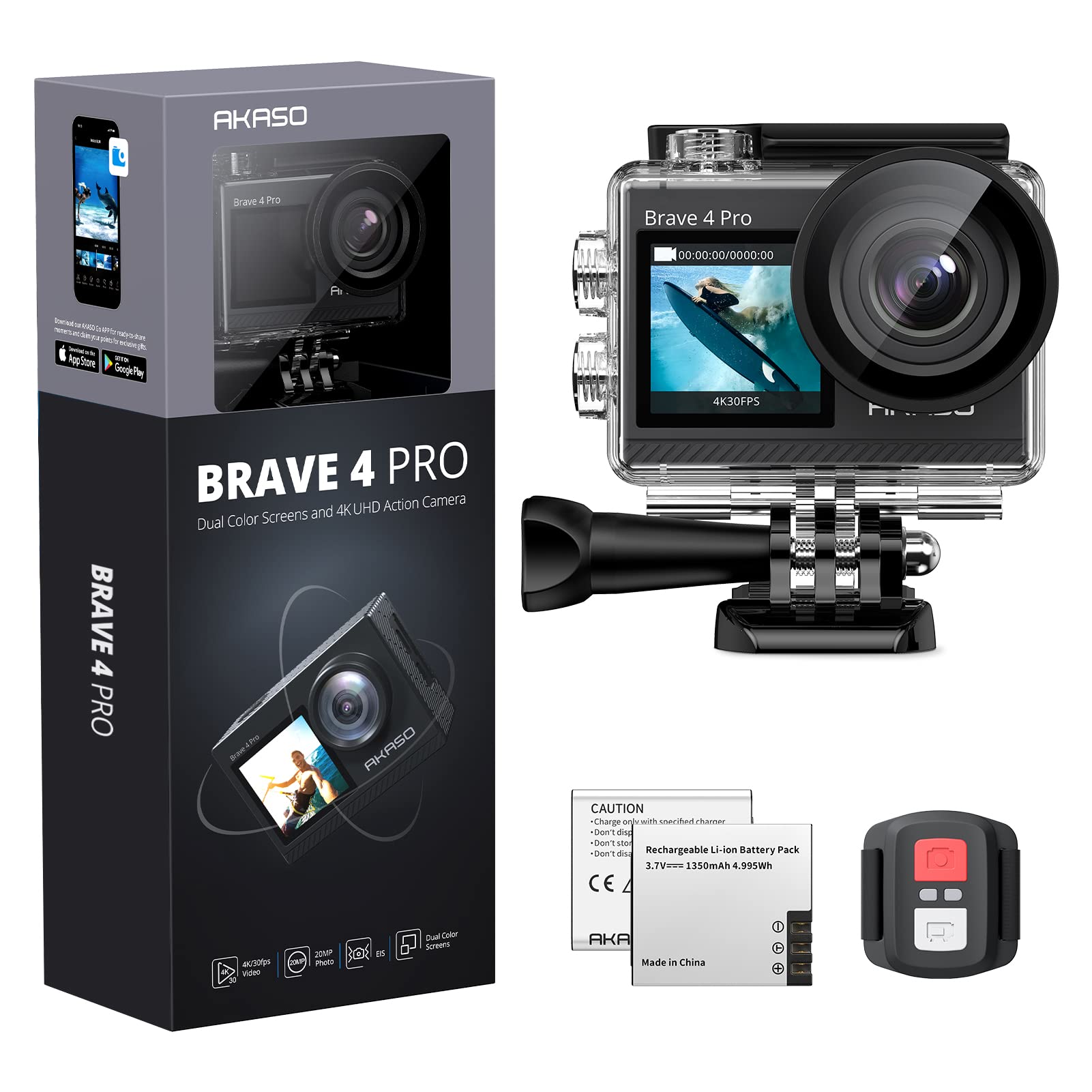 AKASO Brave 4 Pro Action Camera with Wrist Strap and Chest Strap Action Camera Accessories Kit Bundle