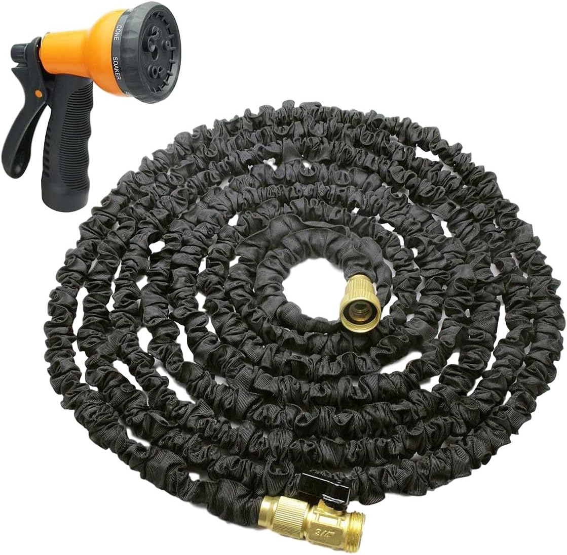 Hose Bros Black Expandable Garden Hose 50 Ft with BONUS Sprayer Nozzle and 6 Extra Rubber Gaskets, Lightweight & Flexible