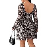 Floerns Women's Plus Size Leopard Mesh Bell Sleeve Short Dress Party Club Bodycon Dress