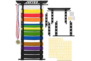 JUXYES Wall Hanging Martial Arts Belts Organizer for 8 12 Belts with Medal Hanger and Stickers, Bamboo Karate Belt Display Holder Rack, Taekwondo Belt Display Holder for Martial Arts Learners