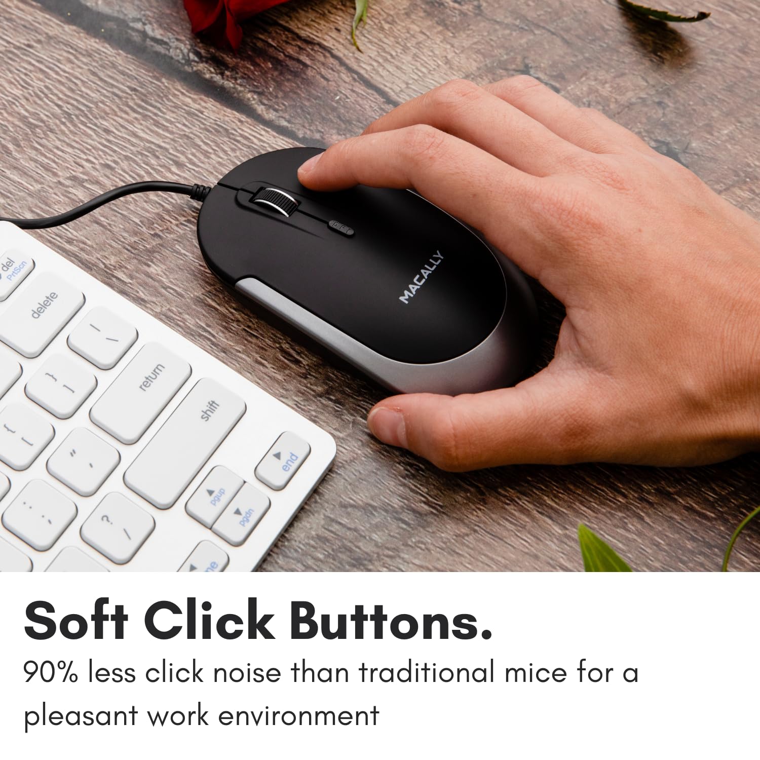 Macally Silent Wired Mouse - Slim & Compact USB Mouse for Apple Mac or Windows PC Laptop/Desktop - Designed with Optical Sensor & DPI Switch - Simple & Comfortable Wired Computer Mice (Space Gray)
