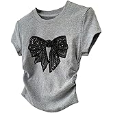 RoseSeek Girl's Cute Sequin Bow Tops Ruched Short Sleeve Crew Neck Slim Fit T Shirts