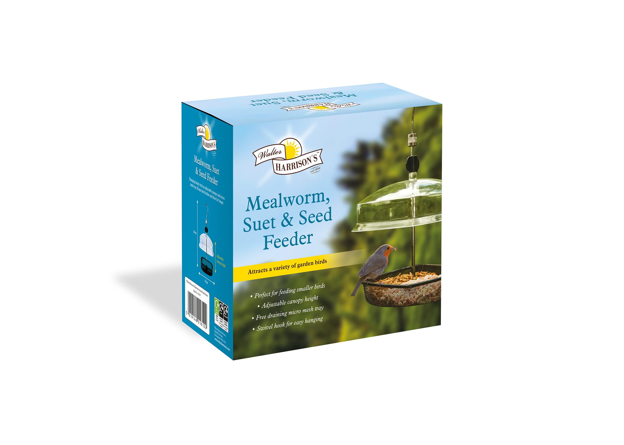 Walter Harrison's Hanging Mealworm, Suet and Seed Wild Bird Circular Perch Garden Feeder With Adjustable Canopy