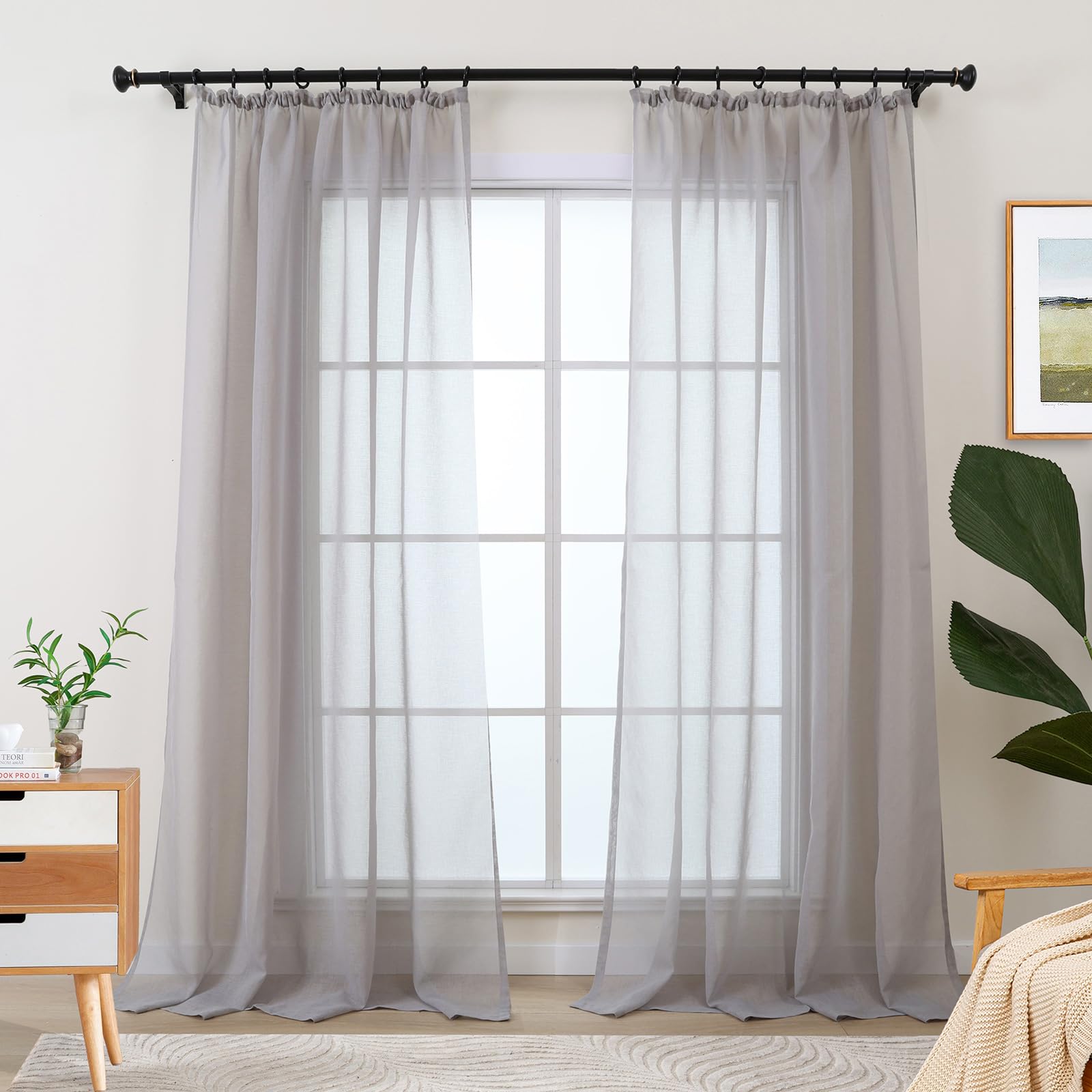 L.Z.E Sheer Curtains for Living Room Light Grey Curtains & Drapes for Bedroom Nursery Track System Bay Windows 88-90 Inch Drop & Long Pencil Pleat Curtains 2er Set Linen Look
