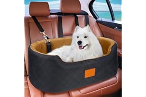 Feporen Dog Car Seat for Medium & Large Dogs up to 55 lbs, Elevated Booster Seat with Anti-Slip Base, Detachable & Machine-Washable Pet Car Bed for SUV/Sedan (Black/Brown)