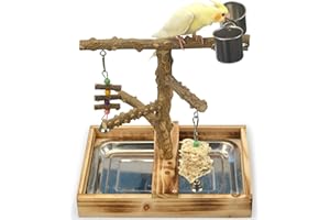 LIMIO Natural Wood Bird Toys Playground, Bird Cage Accessories, Bird Perches, with Removable Tray and 2 Stainless Steel Cups