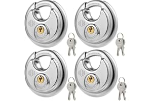 HOX Keyed Disc Padlock, Stainless Steel Keyed-Alike Padlocks, 4-Pack Heavy Duty Locks, Waterproof Outdoors Lock with 3/8 Inch Shackle, 2-3/4 Inch Wide Body, for Hasp Latch, Fences, Storage Locker