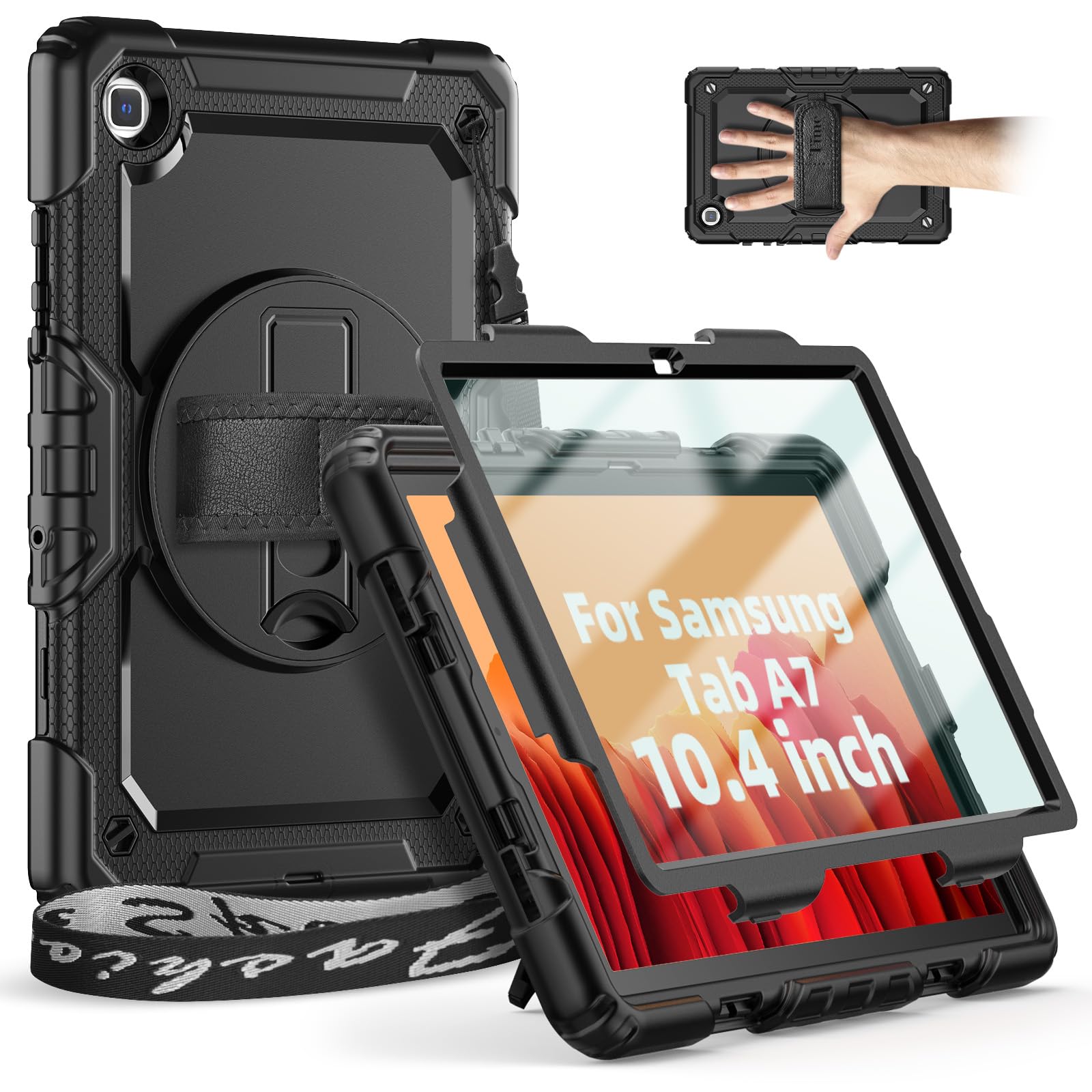 Timecity Case for Galaxy Tab A7 10.4 Inch 2020, SM-T500/ T505/ T507/ 2022 SM-T503/509, Durable Sturdy Case with Screen Protector Swivel Stand Hand Shoulder Strap Full-Body Drop-Proof - Black