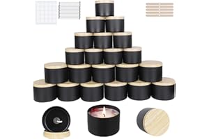 CONNOO 24 Pack Candle Tins, 12pcs 8 OZ & 12pcs 4 OZ Black Jars with Metal Wood-Grain Lids for Making Candles, Bulk Empty Cont
