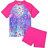 Nokecina Girls Swimsuit Colorful Short Sleeve Bathing Suits UPF 50+ Rash Guard Set Two Piece Summer Swimwear