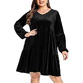 EORANF Women's Velvet Dress Long Sleeve Loose Flowy Swing Tunic Velvet Dress Plus Size Dress with Pocket