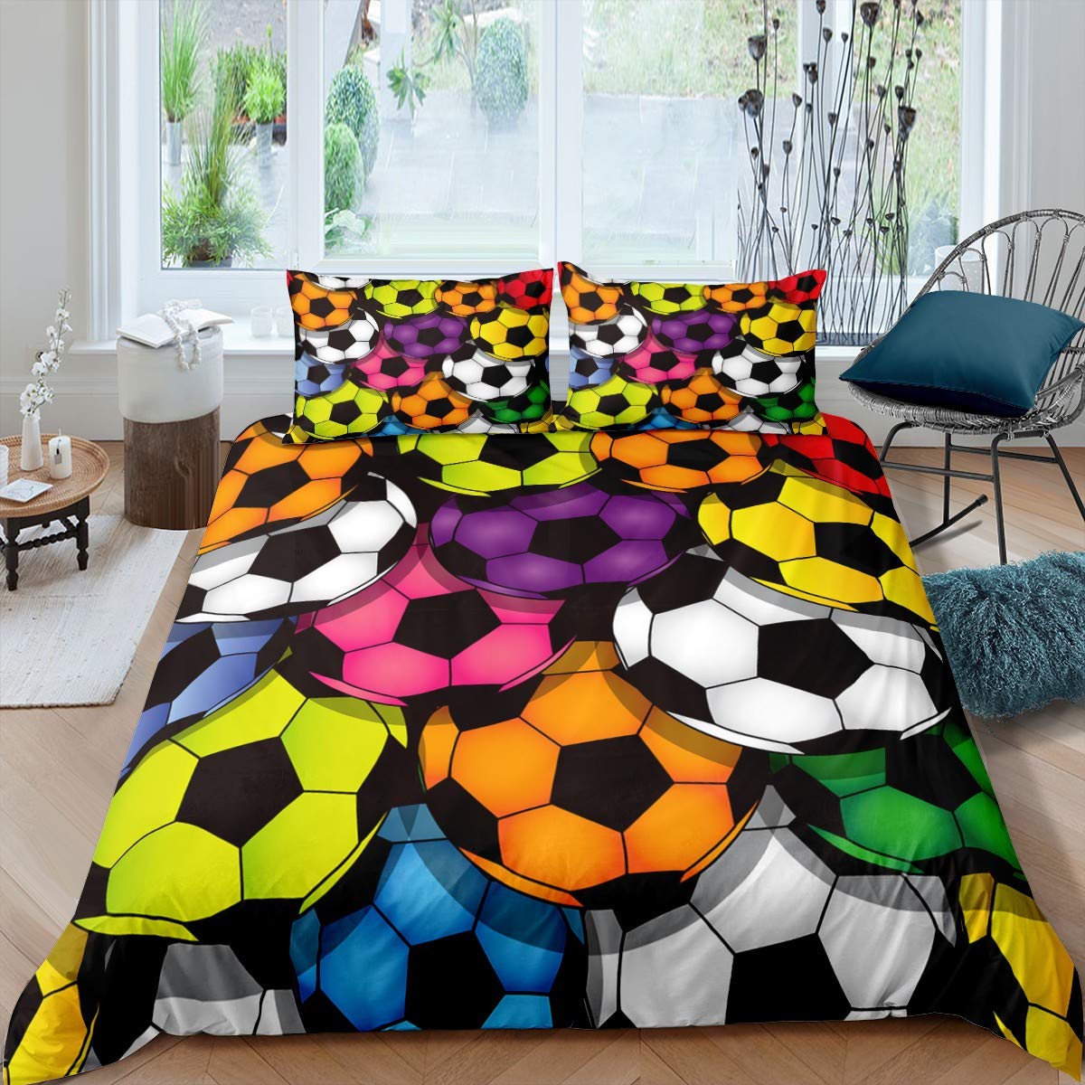 3D Football Duvet Cover Set Sport Theme Comforter Cover for Kids Boys Girls Teens Colored Football Print Hypoallergenic Microfiber Bedding Set Decor 3Pcs Bedspread Cover With 2 Pillowcase Double — image 1