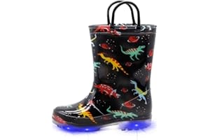EUXTERPA Toddler Kids Waterproof Light Up Rain Boots Patterns and Glitter Boots with Handles for Boys Girls
