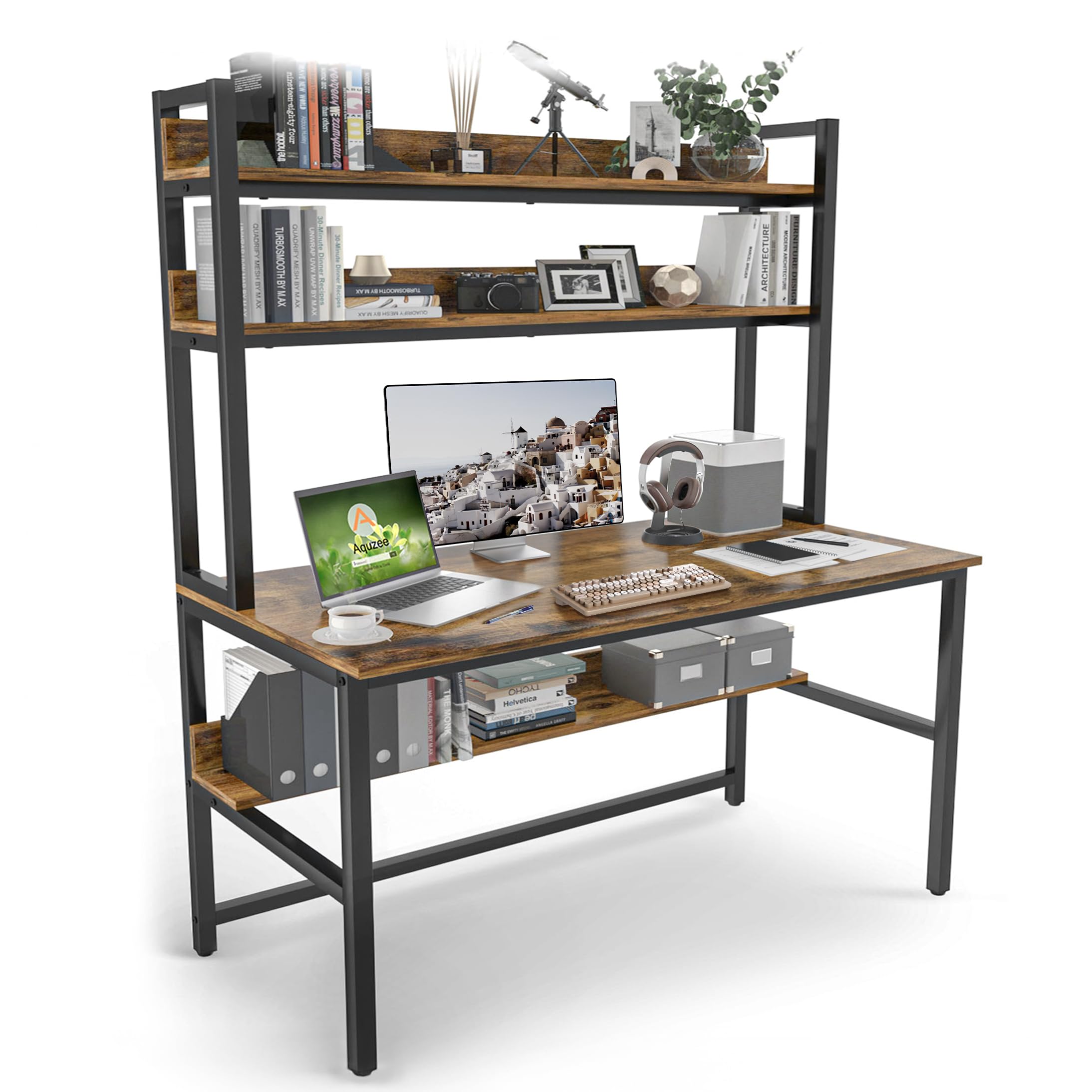 Photo 1 of ***USED*** ** PARTIAL SET***Aquzee Computer Desk with Hutch Bookshelves, 55 Inch Home Office Writing Desk with Space Saving Design, Gaming Table Organized Desk with Storage Shelves Bookshelf Easy Assemble, Rustic Brown