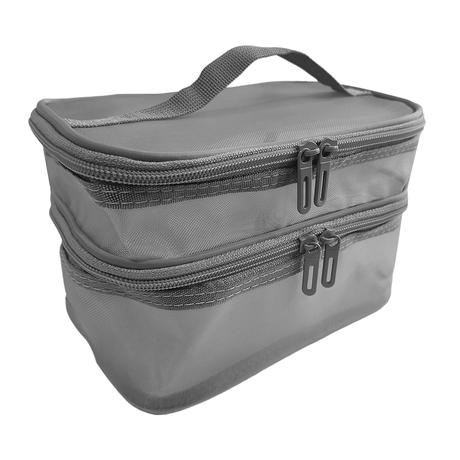 Desuibao Double Layer Makeup Bag, Mesh Cosmetic Bag with Handle, Double Zipper Beauty Make up Bag, 2 Compartment Toiletries Storage Bag, Portable Travel Cosmetic Case Organizer for Women Girls, Gray