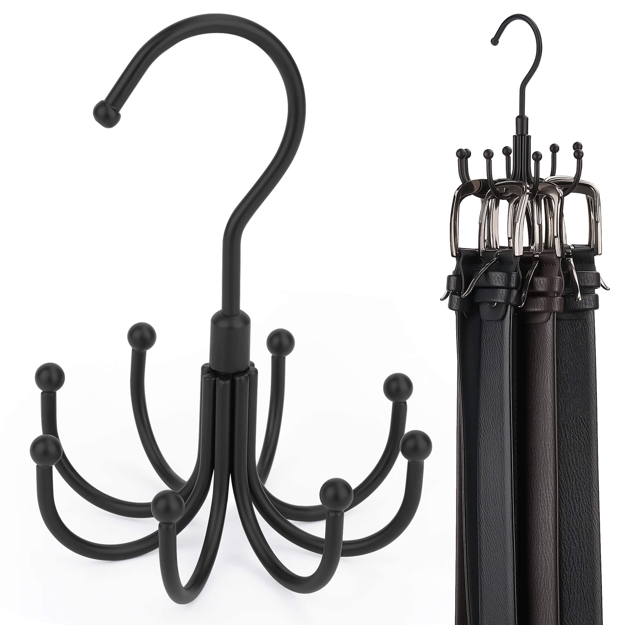 Photo 1 of ZEDODIER Belt Hanger, 4 Pack Rotatable Belt Rack Closet Accessories Organizer, Maximum 24 Storage Capacity, Hanging Holder Storage Hook for Belt, Bra, Tank Top, Tie, Scarf, Purse, Black