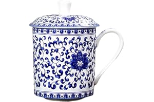 Chinese Tea Cups, 500ml Large Capacity Ceramic Blue and White Elegant Tea Mug with Lid and Handle for Loose Leaf Home Office
