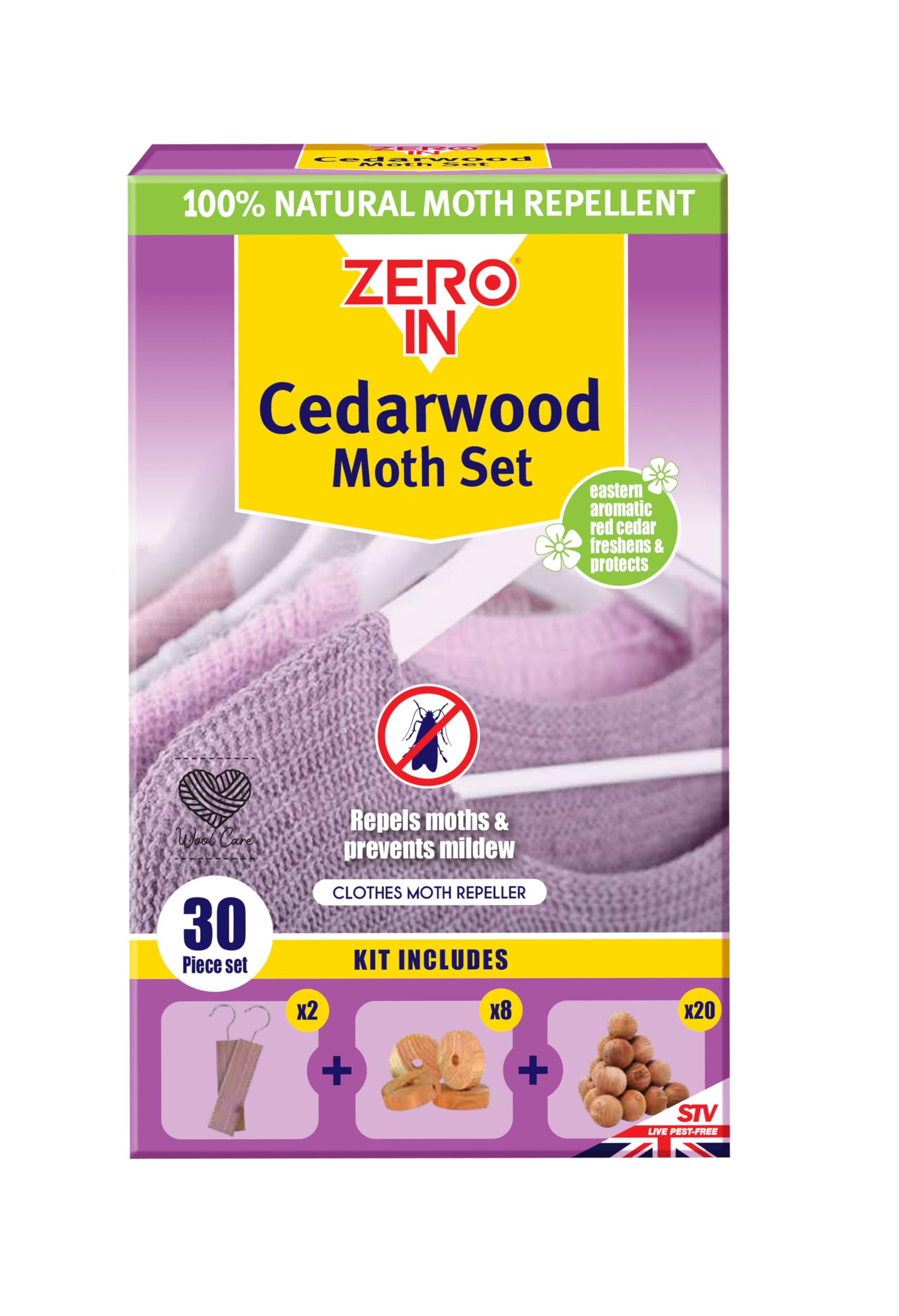 Zero In Cedarwood Moth Repellent Kit - 30 Pieces Cedar Wood Moth Repellent for Wardrobes, Anti Moth Repellent Cedar Hangers, Cedar Wood Discs, Aromatic Cedar Wood Balls, for Clothes Protection
