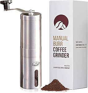 JavaPresse Manual Coffee Grinder with Adjustable Settings - Patented Conical Burr Mill &amp; Brushed Stainless Steel Whole Bean Burr Coffee Grinder for Aeropress, Drip Coffee, Espresso, French Press