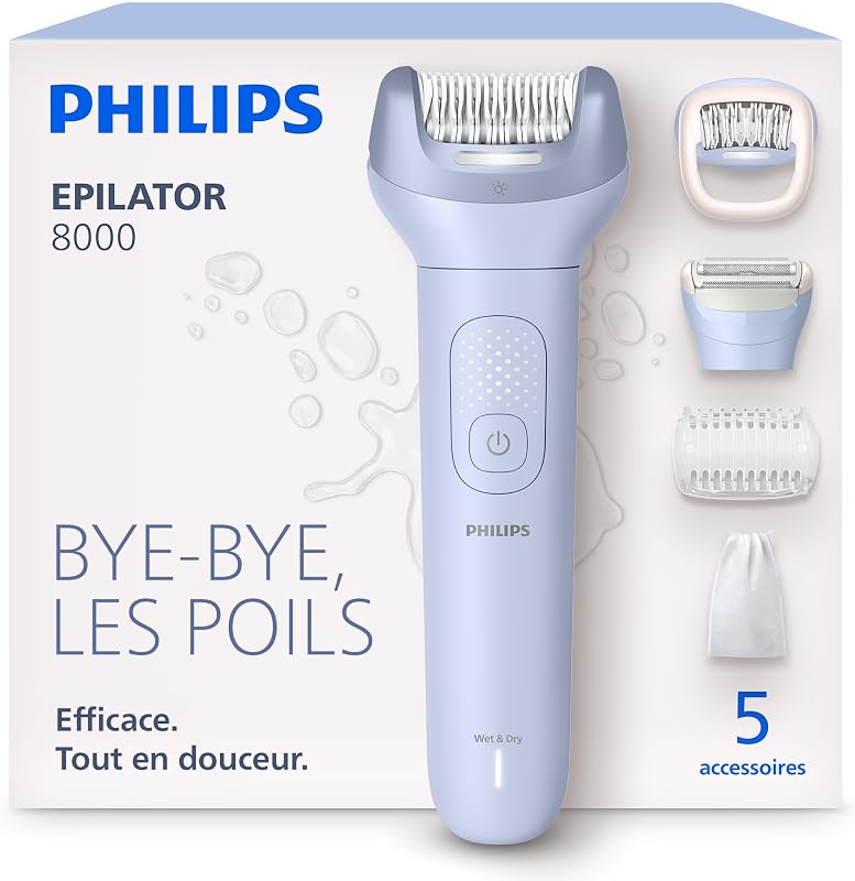 Épilateur série 8000 – épilateur électrique sans fil, utilisation sur peau sèche ou humide, épilation des jambes et du corps, avec ProGuide, 5 accessoires, autonomie 60 min, modèle BRE709/00
