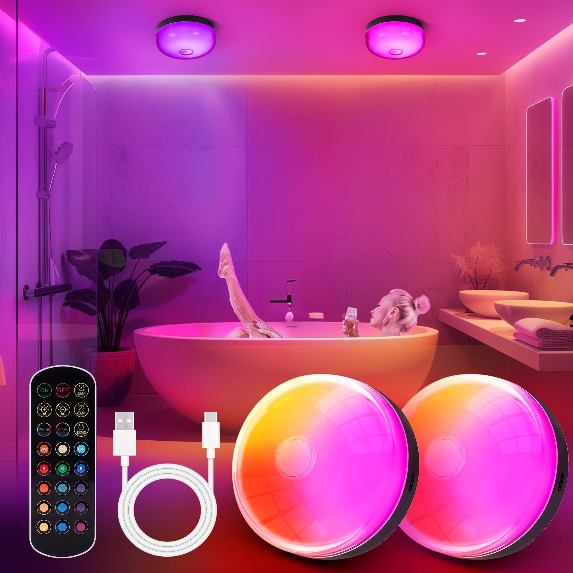 Photo 1 of 2-Pack Rechargeable Shower Lights for Inside Shower, 15 RGBW Color Changeable Waterproof Lights for Shower with Remote(Dimmable?Timer), Wireless LED Mood Lighting for Bathroom, Closet, Bedroom, Party