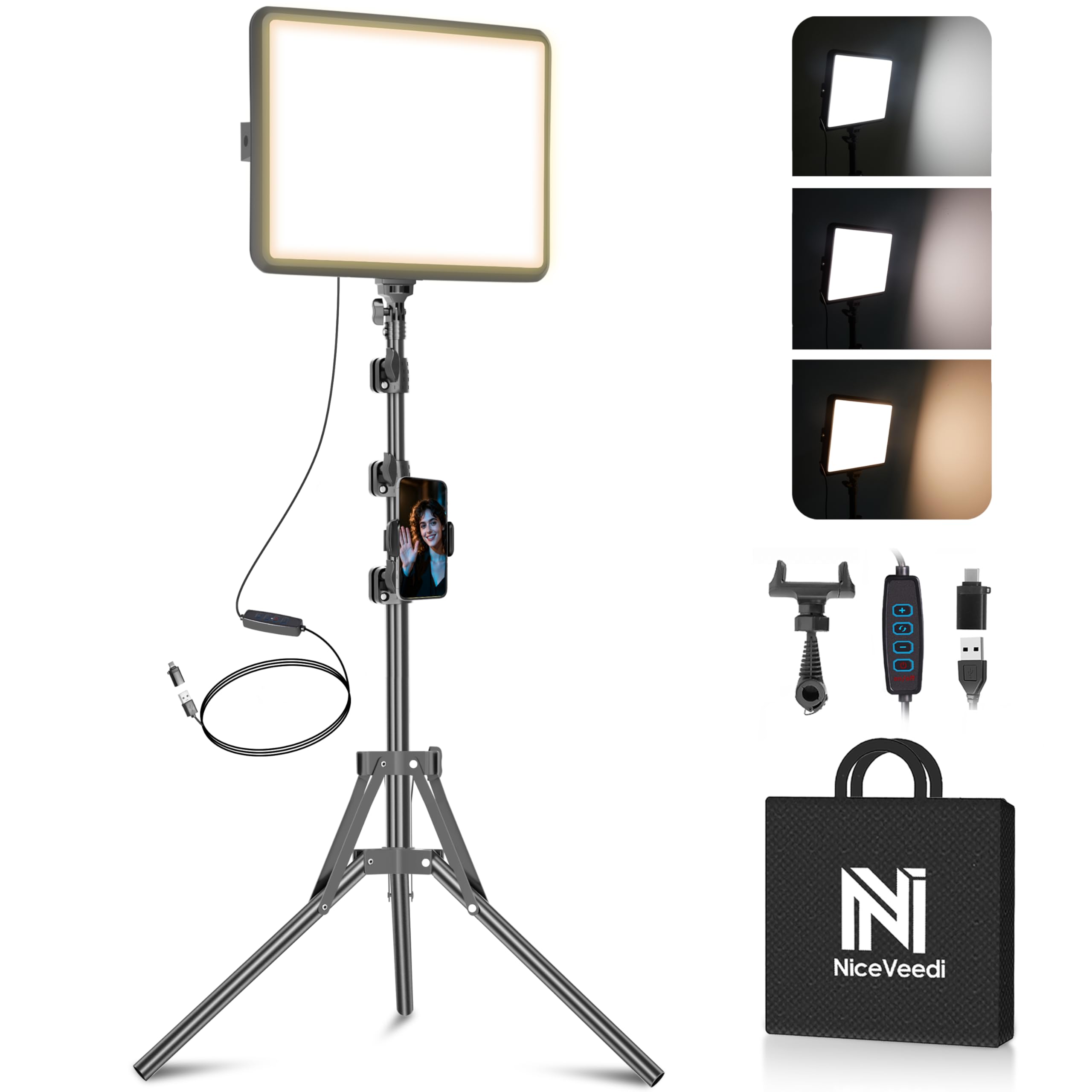 Photo 1 of 1-Pack LED Video Light Kit, NiceVeedi Photography Lighting Kit, 2800-6500K Dimmable Studio Light with Tripod Stand & Phone Holder, 73" Stream Light for Video Recording, Game Streaming, YouTube