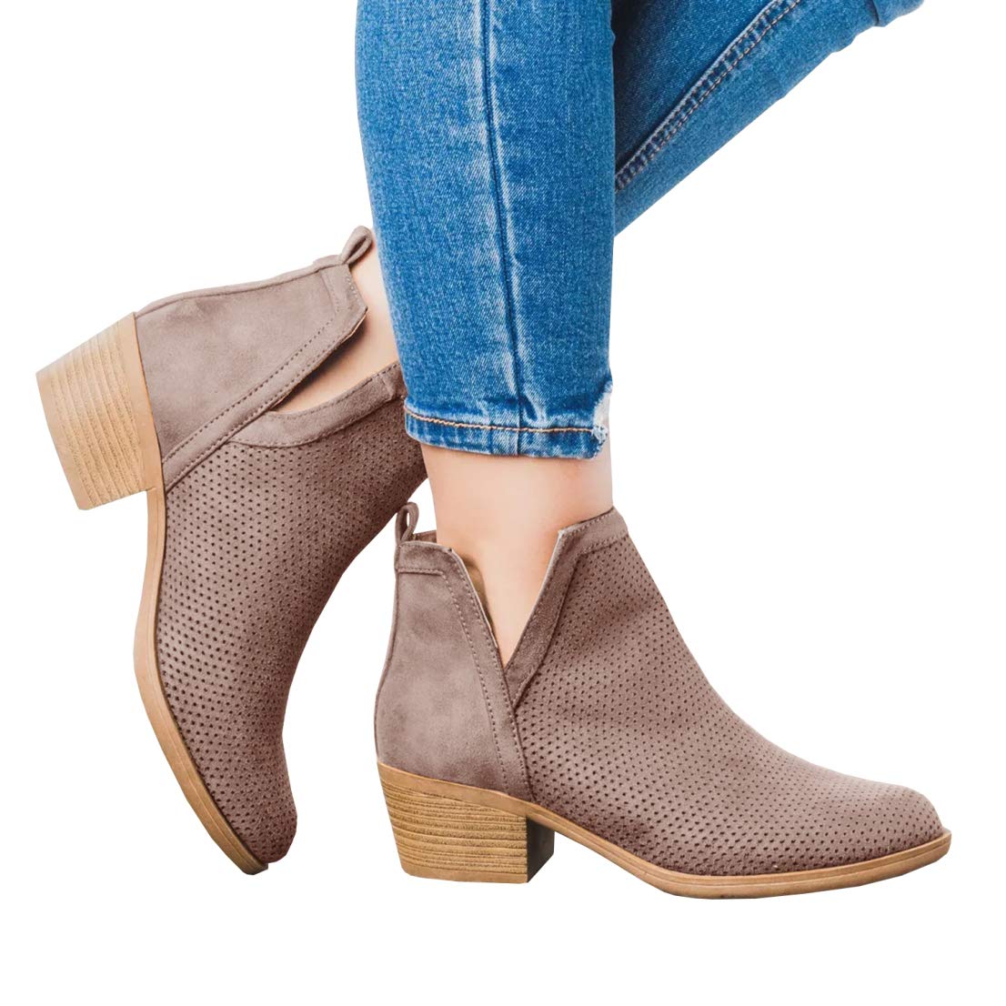 Womens Perforated Cutout Fall Booties Chunky Block Heels Slip on Ankle Short Boots Dark Brown
