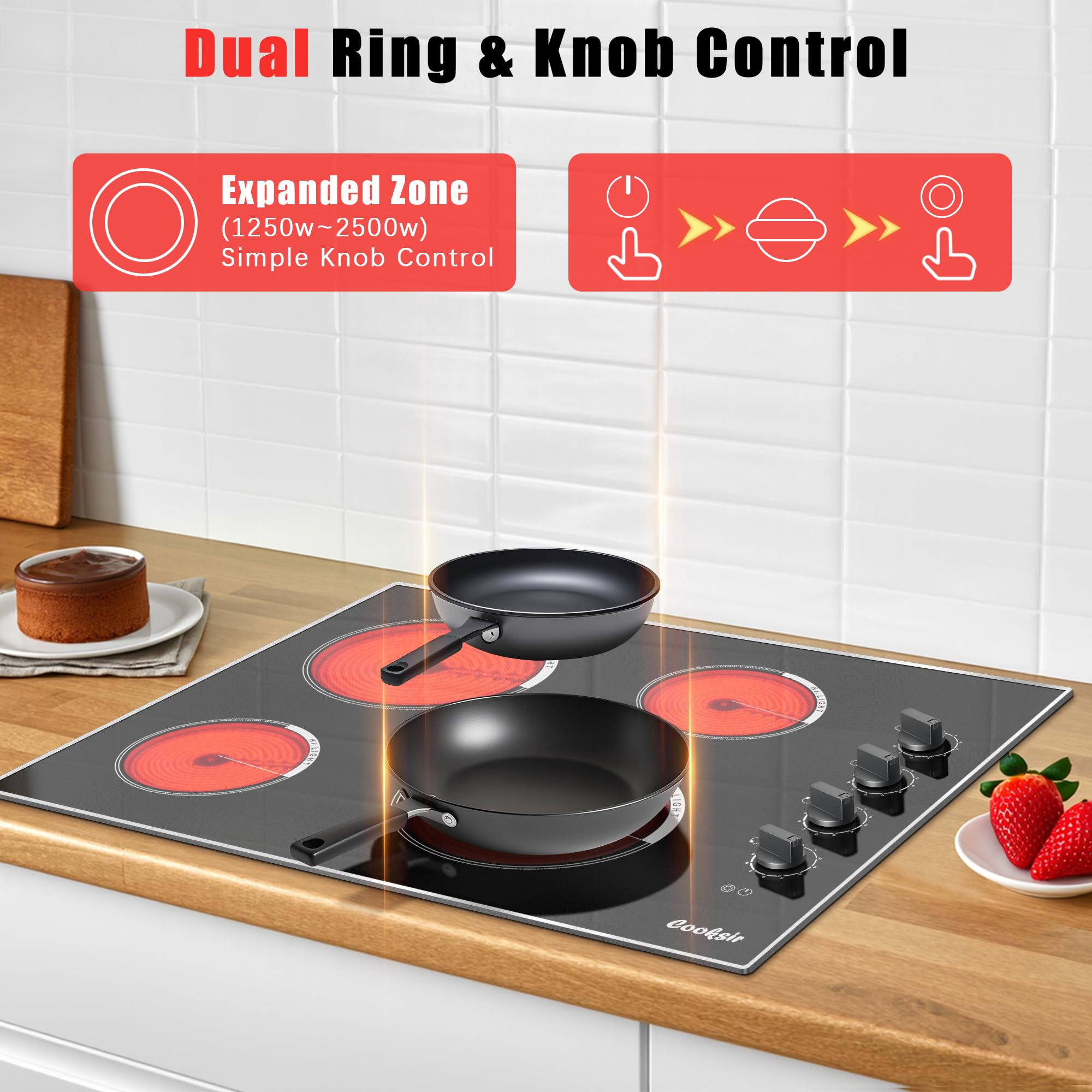 Electric Cooktop 30 Inch - 4 Burner Built-in Electrical Stovetop 7400W, 30 In Radiant Electric Stove with Glass Protection Metal Frame, Auto Shut Off Protection, 220-240V Hard Wired (No Plug)