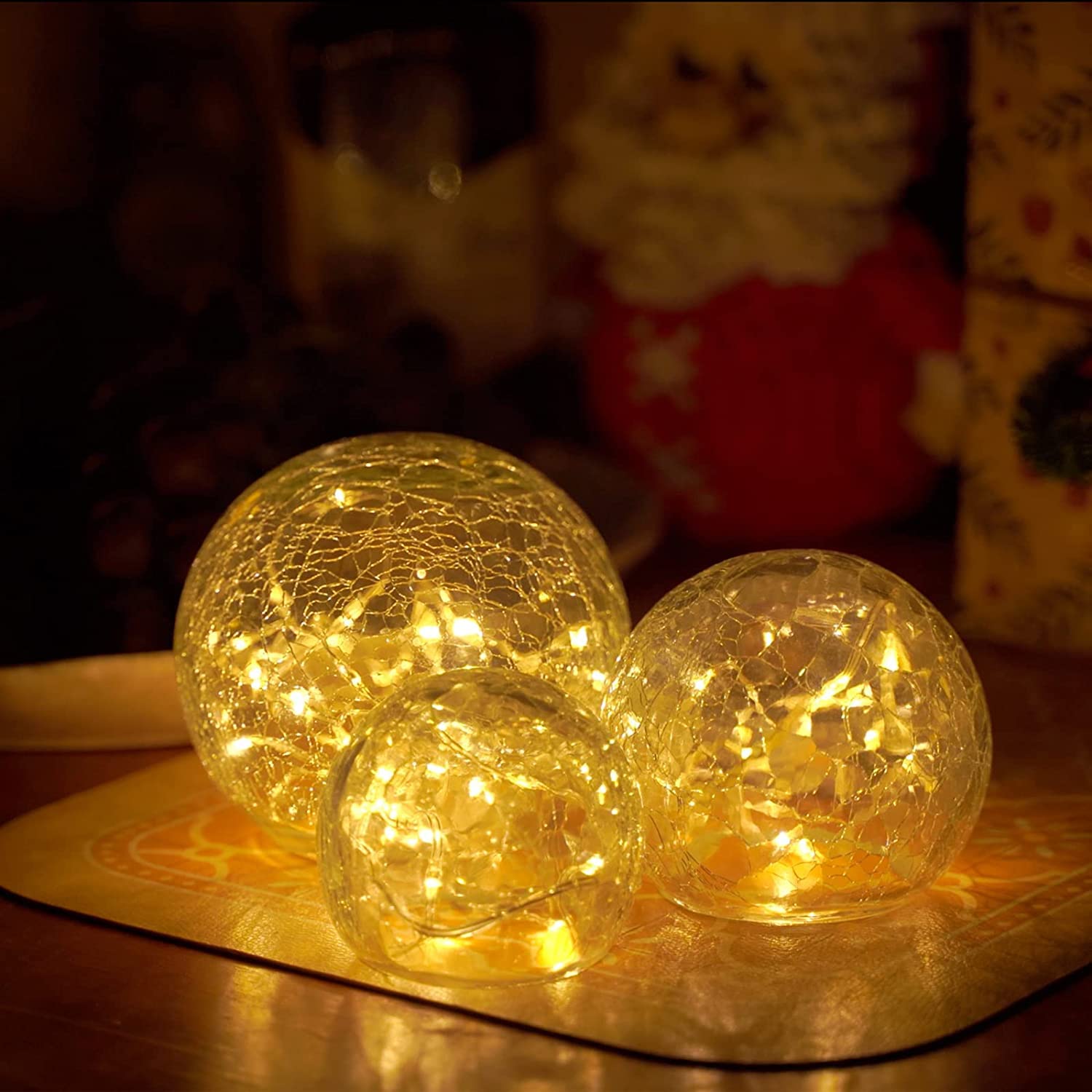 Zodight Glass Ball Lights Set, 3-Pack (3.15", 3.94", 4.72") Crackled Glass Ball LED Fairy Lights, Warm Yellow LED Indoor Lights for Bedroom, Home Décor, Party, Christmas, Garden