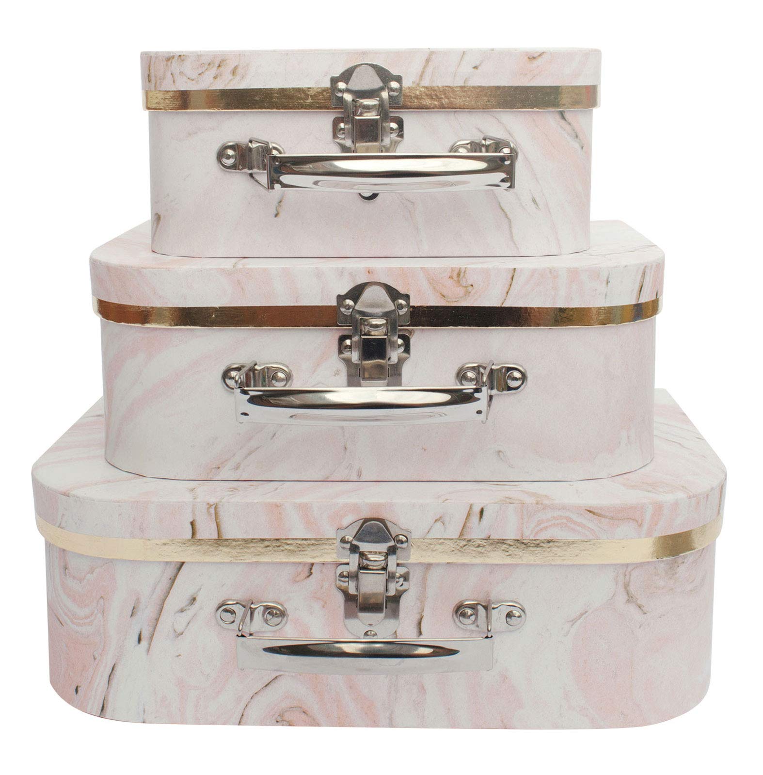 Emartbuy Pink Marble Decorative Suitcase Boxes Set of 3 – Prebuilt Cardboard Design with Metal Handle & Clasp – Organizer for Presents, Hampers & Decor – 30.2×21.9×9.5/25×18.8×8.8/20.2×16×8.2 cm