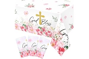 Ganeen 3 Pcs Baptism Tablecloth First Holy Communion Tablecloth God Bless Disposable Pink Plastic Waterproof Cross Table Covers for Christening Baby Shower Religious Decor, 54 x 108 Inch